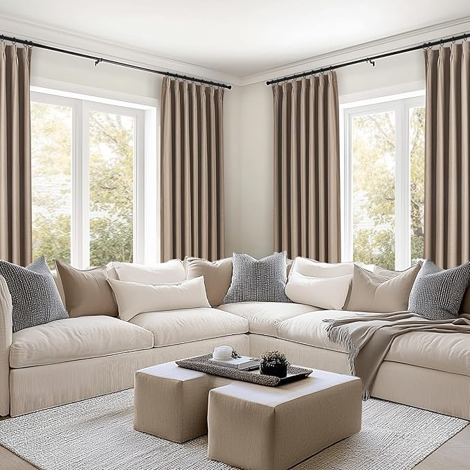 Topfinel Linen Blackout Curtains 96 Inch Long, Pinch Pleat Rustic Neutral Thermal Insulated Brown Natural Linen Cabin Back Tab Viral Drapery Drapes with Hooks Rings 2 Panel Sets, Brown Tan 8 FT