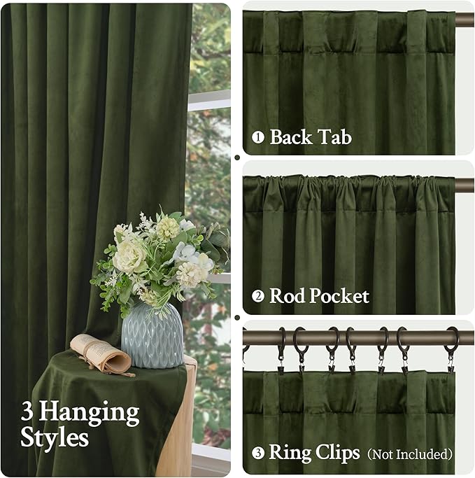 LAMIT Olive Green Velvet Curtains 80 Inch for Living Room, Thick Blackout Thermal Insulated Panels Room Darkening Country Decor Back Tab and Rod Pocket Drapes for Bedroom, 2 Panels, 52 x 80 Inch