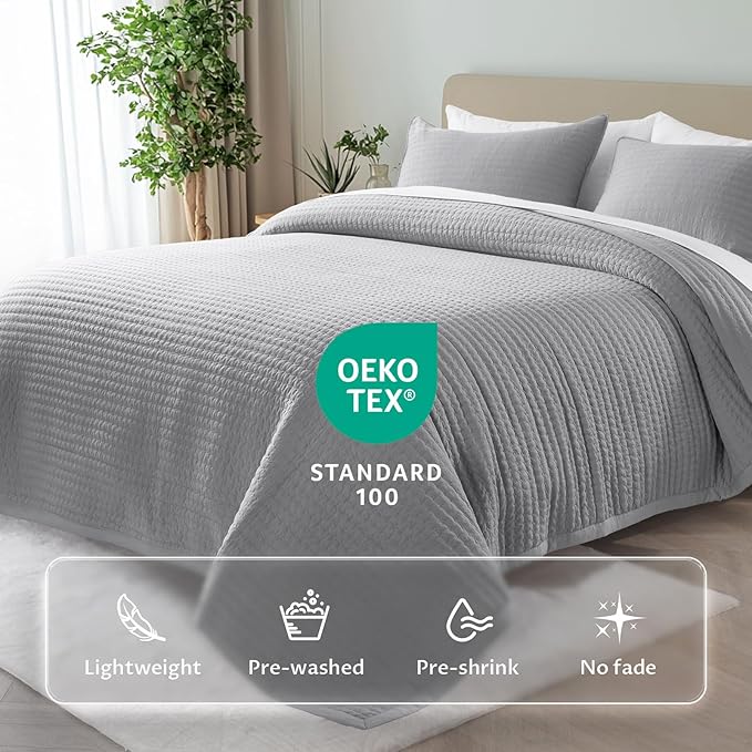 KASENTEX Queen XL Quilt Set 98"x98" – Soft Washed 3-Layer Lightweight Bedspread, Minimalist Nordic Design, All-Season Spring & Summer Quilt Set (1 Quilt + 2 Pillow Shams), Solid Grey