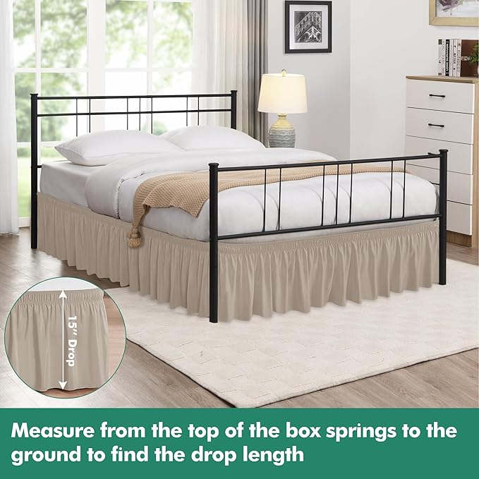 Biscaynebay Wrap Around Bed Skirts with Split Corners for Full Beds 15" Drop, Light Camel Adjustable Elastic Dust Ruffles Easy Fit Wrinkle Resistant Silky Luxurious Fabric Machine Washable