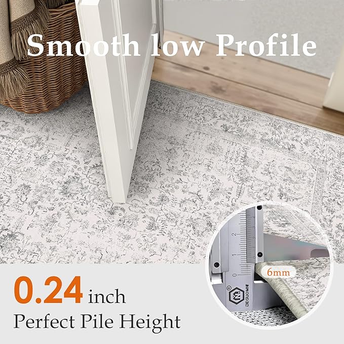 Gray Area Rug 4x5 Office Entryway Rug Machine Washable Kitchen Vintage Distressed Non Slip Carpet Indoor Grey Retro Floral Accent Throw Door Mat for Bathroom Bedroom Dining Living Room