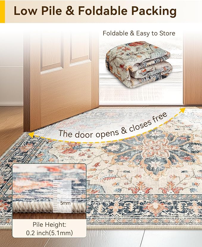 Area Rugs 2'x10' Washable Non-Slip, Floral Vintage Distress Print Pattern Medallion Carpet for Living Room Bedroom Dining Room, Beige Navy Blue Orange Colorful