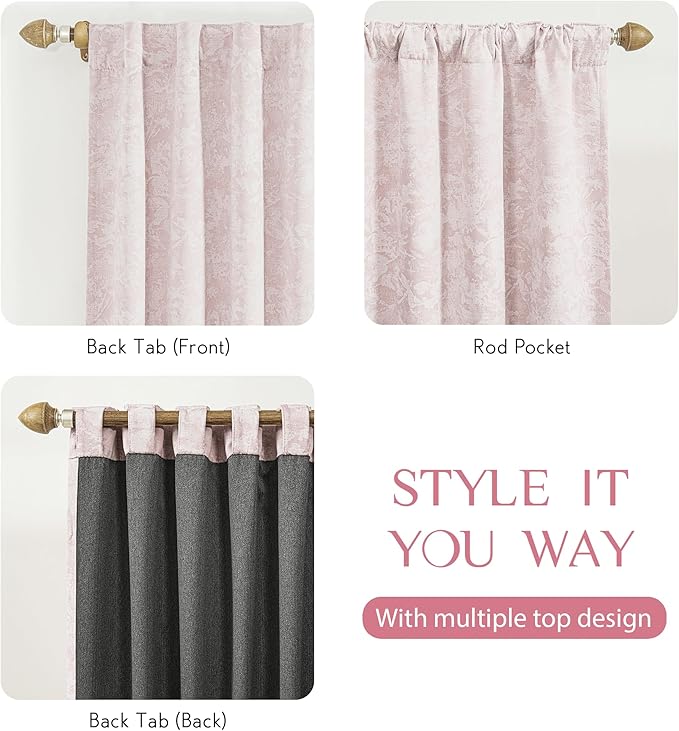 Beauoop Pink Floral Jacquard Blackout Curtains 90 Inches Long 2 Panels for Girls Bedroom Living Room Chenille Flower Room Darkening Thermal Insulated Soundproof Rod Pocket Back Tab Window Drapes 52x90