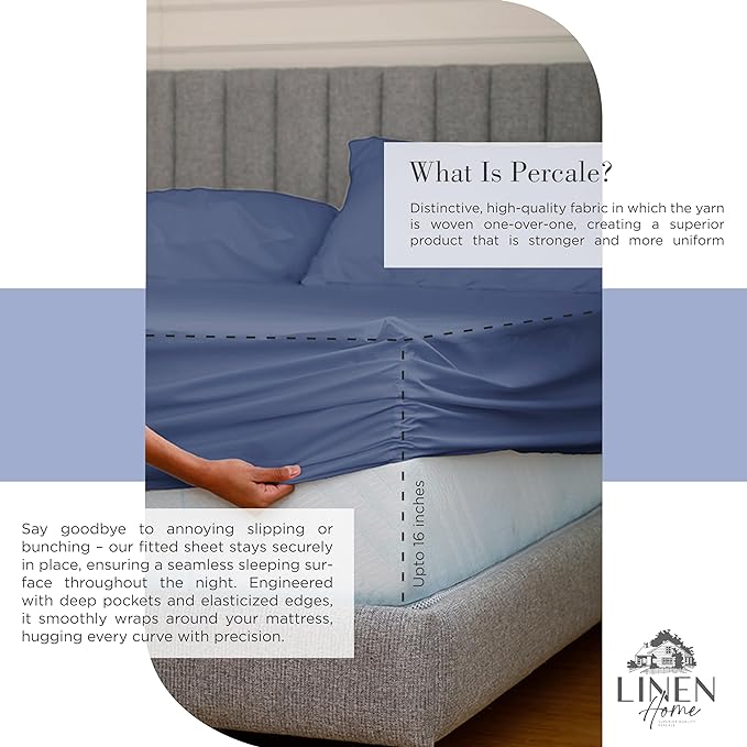 Linen Home 100% Cotton Percale Sheets Twin Size, Dark Blue, Deep Pocket, 3 Pieces Set - 1 Flat, 1 Deep Pocket Fitted Sheet and 1 Pillowcase, Crisp Cool and Strong Bed Linen
