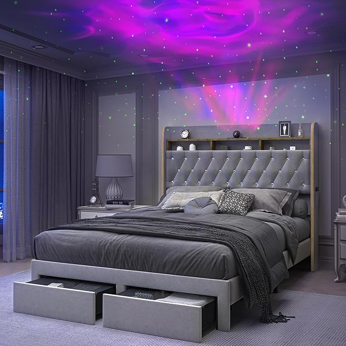 Twin LED Bed Frame with Storage Drawer, Velvet Upholstered Platform Beds with Galaxy Star Projector and Speaker, Aurora Bedframe with 2-Tier Storage Headboard for Small Bedroom Apartment, Pink