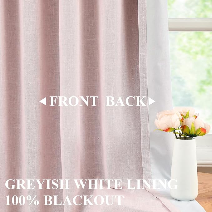 Vision Home Pink Linen Full Blackout Curtains for Bedroom Living Room Darkening Soundproof Window Curtains 63 inch Thermal Insulated Rod Pocket Back Tab Rustic Drapes 2 Panels 56" Wx63 L