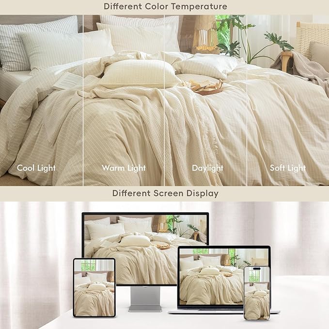 MooMee Striped Duvet Cover Set 100% Washed Cotton Linen Like Textured Breathable Durable Soft Comfy (Almond Milk Grey White Wide Stripes, King 104"x90")