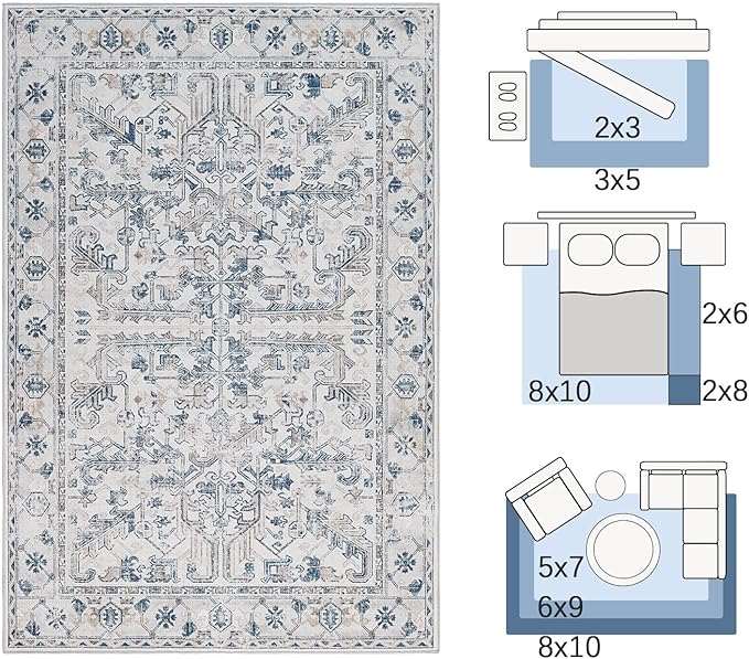 jinchan Lima Machine Washable Area Rugs 4x6 - Vintage Floral Stain Resistant Low Pile Ultra-Thin Non Slip Accent Rug for Bedroom Living Room Kitchen Dining Room Entryway (4x6ft, Blue)