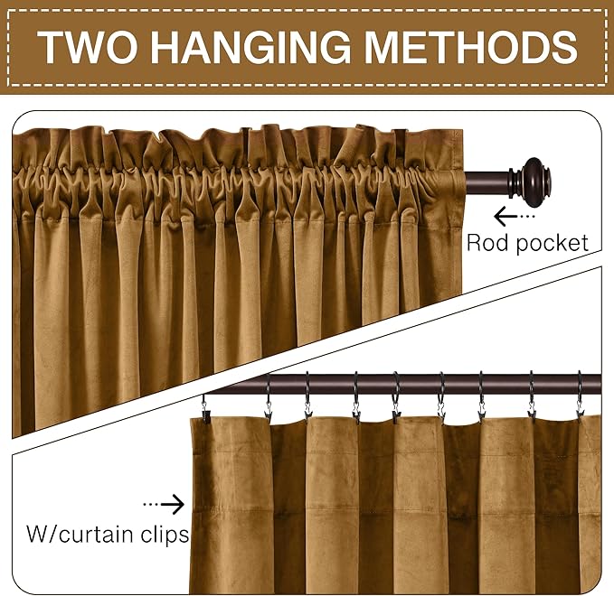 StangH 108 inches Long Gold Brown Velvet Curtains for Bedroom Windows, Thermal Insulated Light Blocking Room Divider Curtains for Sliding Door/Office, W52 x L108, 2 Panels