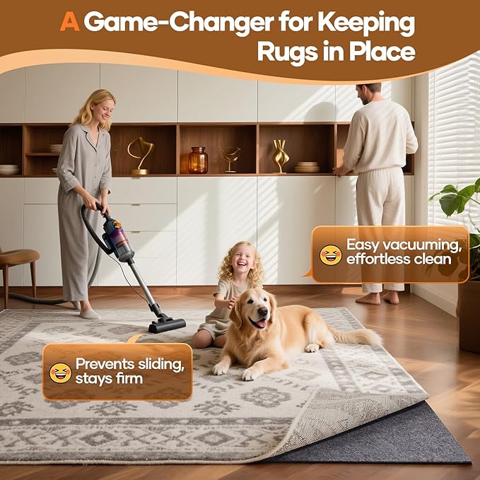 Veken Non Slip Cushioned Rug Pad Gripper 9 x 12 Ft, Felt and Silicone Backing, 3/8 inch Thick Carpet Liner for Hardwood Floors and Finishes, Under Area Rugs Anti Skid Mat, Keep Rugs Safe and in Place