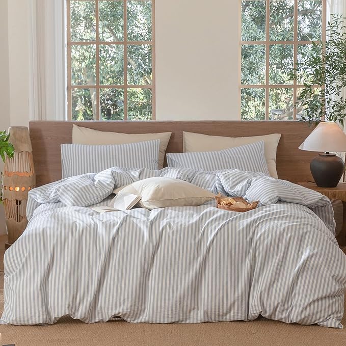 MooMee Striped Duvet Cover Set 100% Washed Cotton Linen Like Textured Breathable Durable Soft Comfy (Cornflower Blue White Classic Stripes, Palatial King/Oversized King 120"x98")