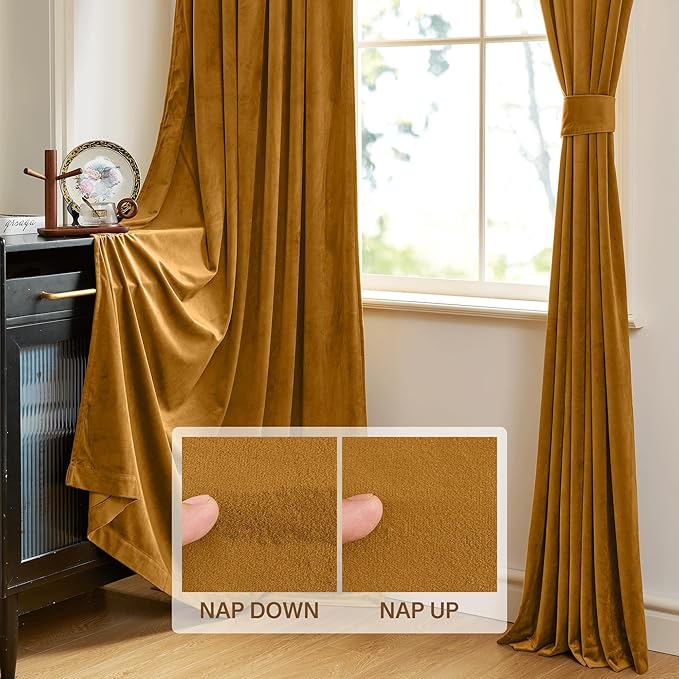 StangH Mustard Gold Fall Curtains - Stylish Velvet Blackout Drapes for Living Room, Soft Energy Efficient Curtains for Bedroom, Vibrant Home Decor, W52 x L100, 2 Panels