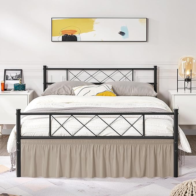 Biscaynebay Wrap Around Bed Skirts with Split Corners for King Beds 15" Drop, Light Camel Adjustable Elastic Dust Ruffles Easy Fit Wrinkle Resistant Silky Luxurious Fabric Machine Washable
