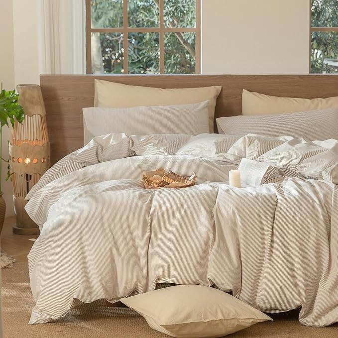 MooMee Striped Duvet Cover Set 100% Washed Cotton Linen Like Textured Breathable Durable Soft Comfy (Tannish Linen Grey White Pinstripes, Oversized King Plus 128"x120")