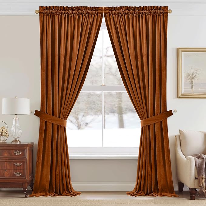 StangH Burnt Orange Velvet Curtains - Vibrant Thermal Insulated Drapes for Living Room, Rod Pocket Soft Thermal Insulated Curtains, Warm Autumn Decor, W52 x L94, 2 Panels