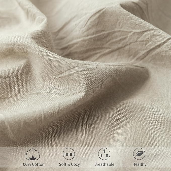 MooMee Fitted Bottom Sheet Only 100% Washed Cotton Linen Like Textured Breathable Durable Soft Comfy Deep Pocket Fits Mattress up to 17" (Tannish Linen Grey, Twin)