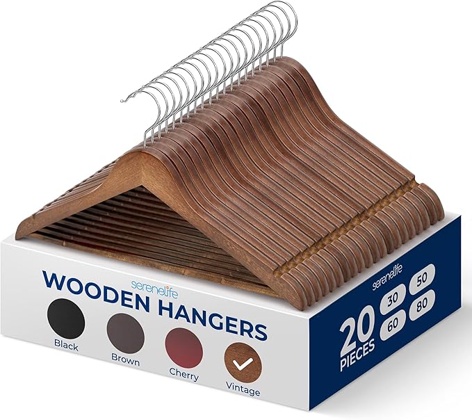 SereneLife 20-Pack Wooden Clothes Hangers – Vintage Finish Coat Hangers with 360° Chrome Swivel Hook, Non-Slip Notches, Pants Bar – Heavy Duty for Suits, Dresses, Jackets, and Shirts
