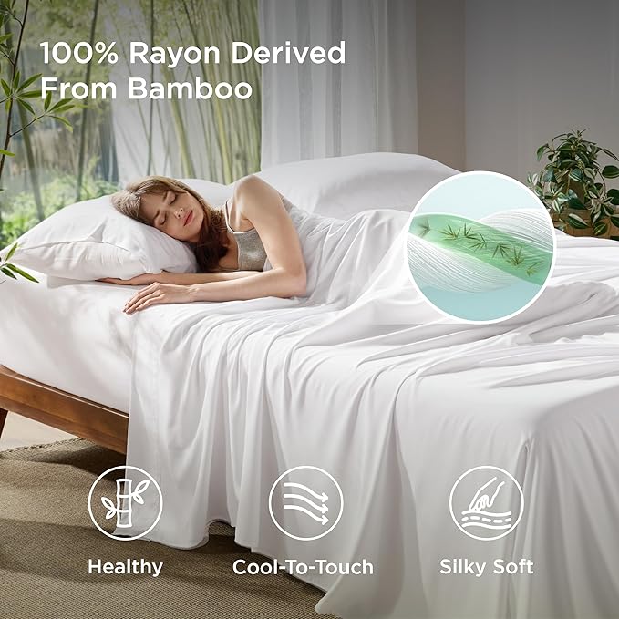 Bedsure California King Sheet Sets, Cooling Sheets, Rayon Derived from Bamboo, Deep Pocket Up to 16", Breathable & Soft, Hotel Luxury Silky Bedding for Hot Sleepers, White