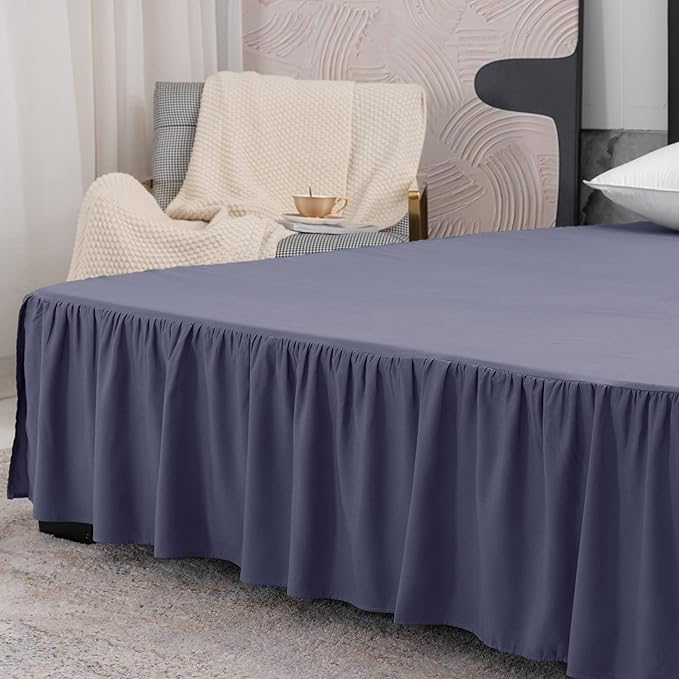 Navy Blue Bed Skirt Twin Size Ruffled Bed Skirt with Split Corners, 12 Inch Drop Dust Ruffle Bed Skirts with Platform, Navy Blue