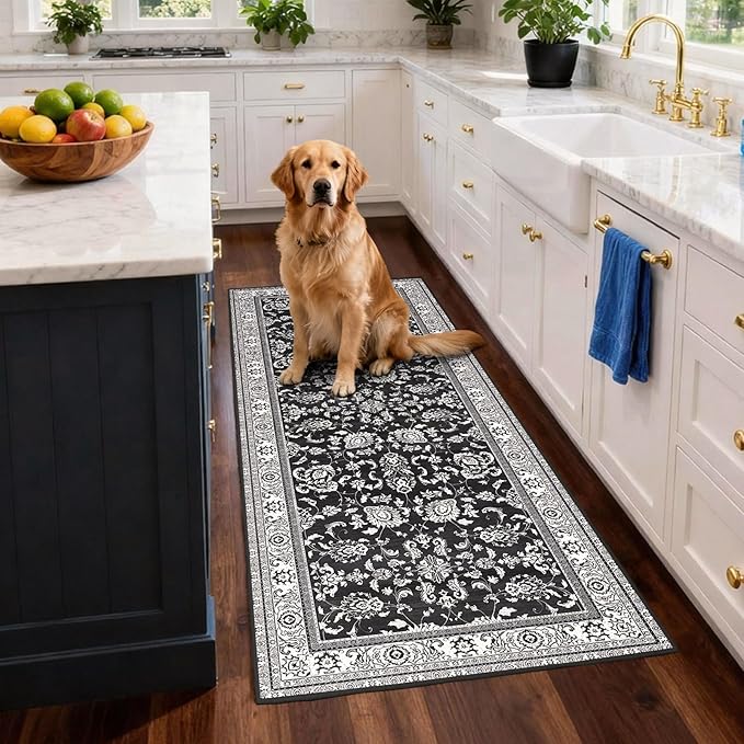 3x6 Washable Floral Runner Rug: Runners for Hallways Non Slip Indoor Rugs Low Pile Kitchen Runner Ultra Soft Vintage Rug Floor Carpet for Bedroom Living Room Dining Bathroom Black White