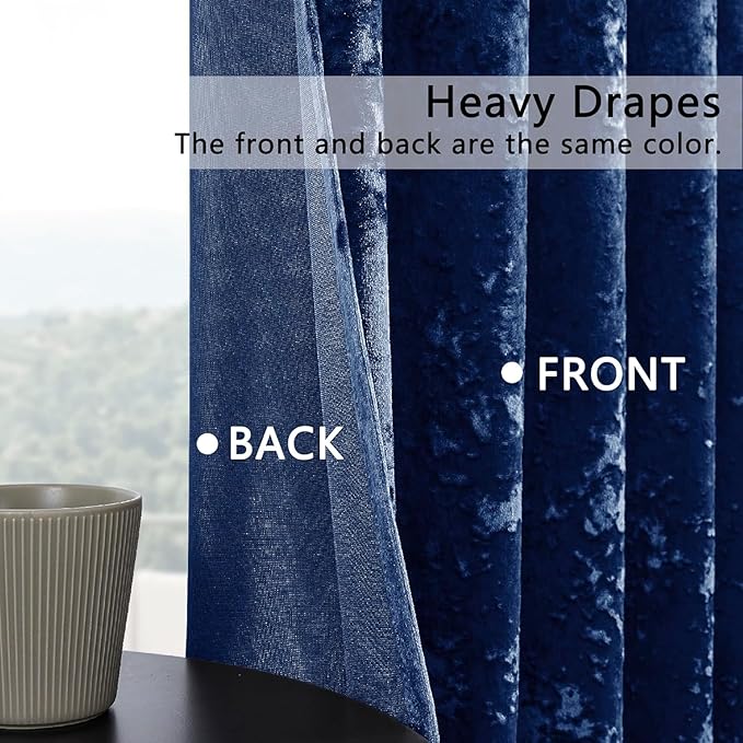 SMILETIME Navy Blue Crushed Velvet Curtains 52x96 inch Luxurious Thermal Insulated Soundproof Drapes for Living Room Bedroom Office Soft and Durable Light-Filtering Window Treatments, 2 Panels