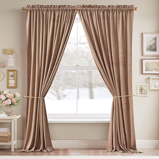 StangH Blush Beige Velvet Curtains 102 inches Long, Nursery Bedroom Room Darkening Sliding Door Panels Thermal Insulated Thick Privacy Drapes for Living Room, W52 x L102, 2 Panels