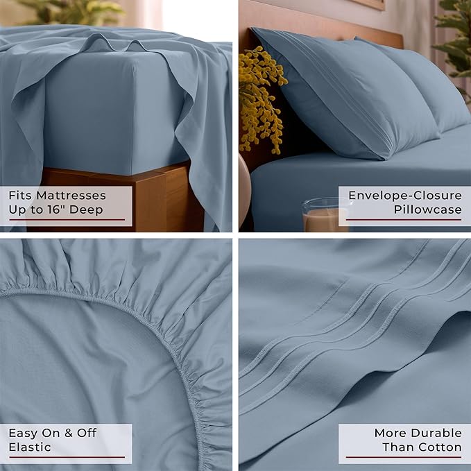 Mellanni Full Sheet Set - 6-Piece Iconic Collection Bedding, (Including 4 Pillowcases), 16-Inch Deep Pocket, Easy Care, Extra Soft, Cooling Sheets, Brushed Microfiber - Blue Hydrangea