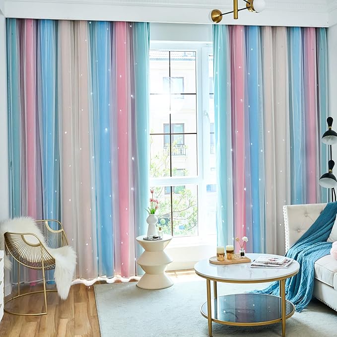 Star Blackout Curtains for Bedroom - Rainbow, 96 Inches Long, 2 Panels, Beige & Blue & Pink