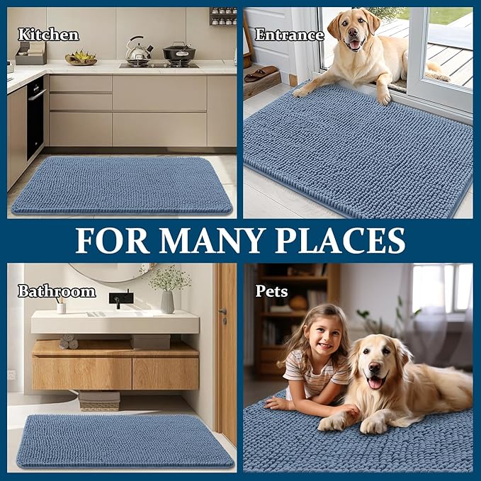 OLANLY Dog Door Mat for Muddy Paws 32x20, Absorbs Moisture and Dirt, Absorbent Non-Slip Washable Doormat, Quick Dry Chenille Mud Mat for Dogs, Entry Indoor Entryway Carpet for Inside Floor, Airy Blue