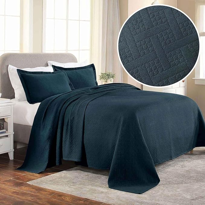 Superior 3 Piece Basketweave Cotton Bedspread Set, Home Bed Decor, Decorative Bed Spread, 2 Pillow Shams, Medium Weight Blanket, Matelasse Coverlet Bedding, Geometric Lattice Pattern, King, Deep Sea