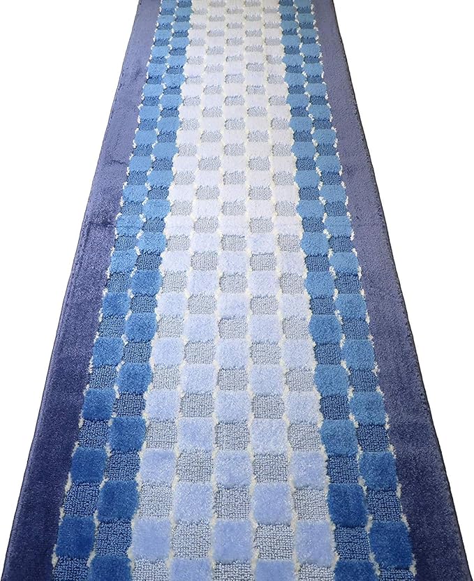 Custom Length Hallway Runner Rug,Slip Resistant,Checkered Blue, 26 Inch X 17 feet, Sold and Priced Per Foot