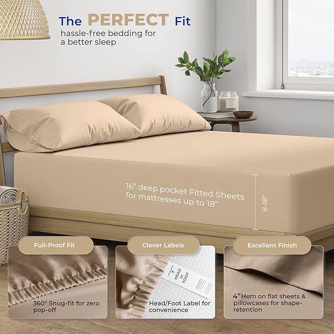 THREAD SPREAD 100% Cotton Split King Sheets for Adjustable Bed - 400 Thread Count 5 PC Sateen Split Sheet Set, Soft, Breathable Cooling Cotton Sheets, 16" Deep Pocket Split King Sheet (Taupe)