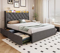 Queen Size Bed Frame with 4 Drawers and Storage Headboard, Upholstered Wingback Bed Frame with LED Lights and Charging Station, No Box Spring Needed, Easy Assembly, Noise Free, Grey