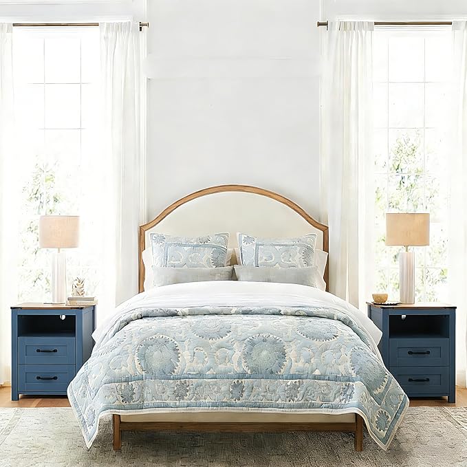 Blue Rustic Night Stand Set of 2, Farmhouse End Table, Modern Bedside Table with 2 Storage Drawers and Open Shelf, Tall Nightstand for Bedroom