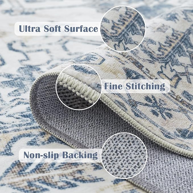 jinchan Lima Hallway Runner Rug 2x10 Washable - Vintage Floral Non Slip Low-Pile Soft Ultra-Thin Faux Wool Kitchen Rug Distressed Carpet Runner for Farmhouse Bedroom Laundry (2x10ft, Blue)