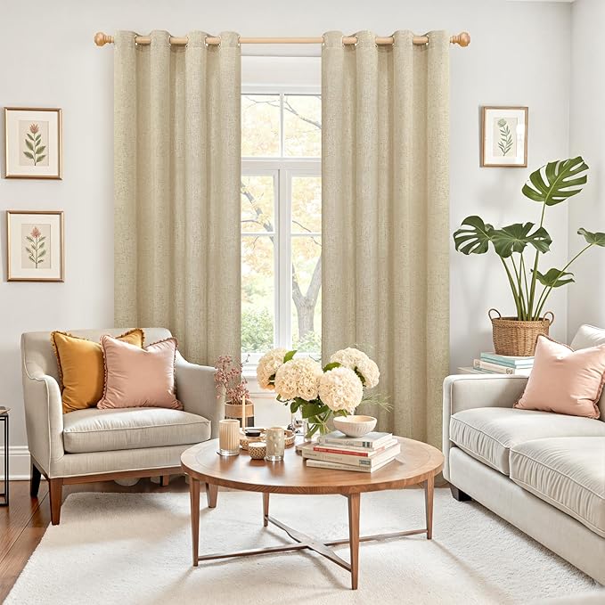 YoungsTex Burlap Linen Curtains 80 Inches Length for Living Room Farmhouse, Natural Semi Sheer Window Treatments Light Filtering with Grommet Privacy for Bedroom, 2 Panels, 52 X 80 Inch