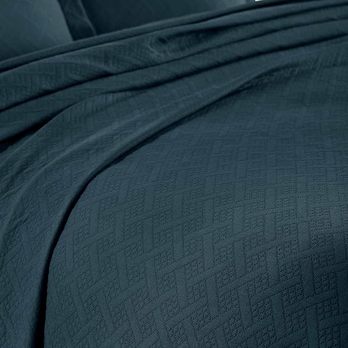 Superior 100% Cotton Basket Weave Bedspread with Shams, All-Season Premium Cotton Matelasse Jacquard Bedding, Quilted-Look Geometric Basket, Queen, Deep Sea