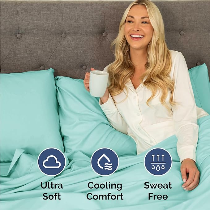 Split King 7 Piece Sheet Set - Cooling & Breathable - Hotel Luxury Bedding, Includes Fitted Sheets for Women, Men, Kids & Teens - 1 Flat, 2 Fitted Sheets, 4 Pillowcases with Deep Pockets - Spa Blue