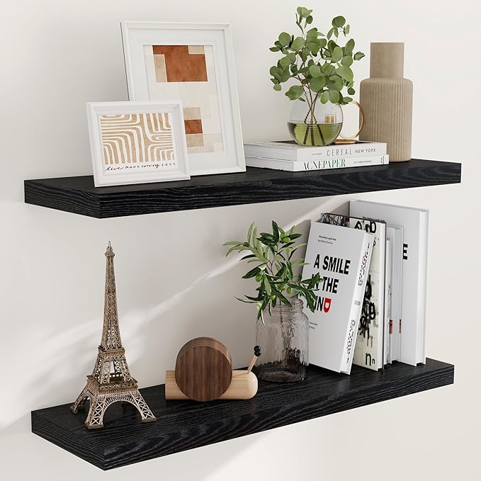 Fun Memories Floating Shelves for Wall, 36 x 9.3 Large Floating Shelf Wall Mounted Set of 2, Rustic Wood Shelves for Bathroom, Kitchen, Living, Heavy-Duty Storage Deep Shelf for Books, Decor, Black