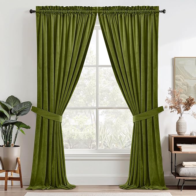 StangH Olive Green Velvet Curtains Elegant Thermal Insulated Light Blocking Drapes for Office, Heavy Soft Curtains for Bedroom, Rich Earthy Tone Christmas Decor, W52 x L92, 2 Panels