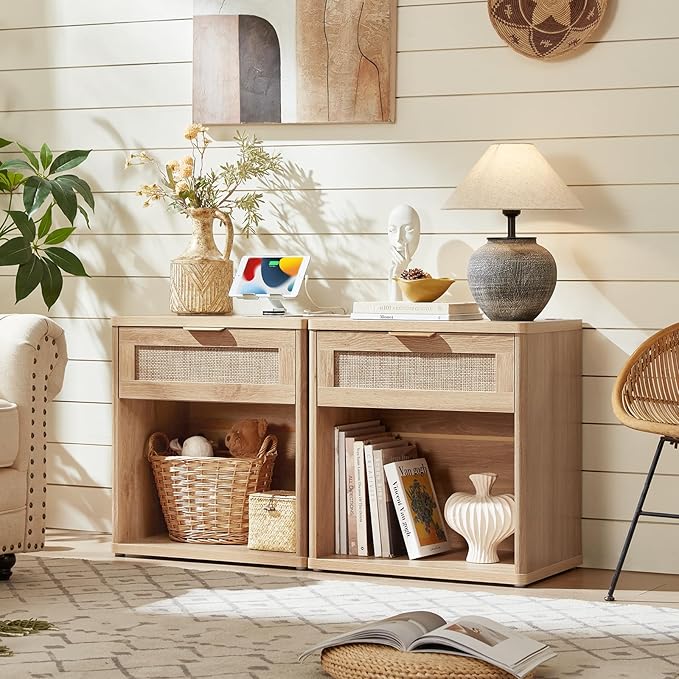 LEYAOYAO Rattan Nightstand with Charging Station, 23" Wide Boho Night Stand with Drawer, Natural Wood Bedside Table Open Storage Cabinet, Bed Side End Tables Dresser for Bedroom, Living Room, Hallway