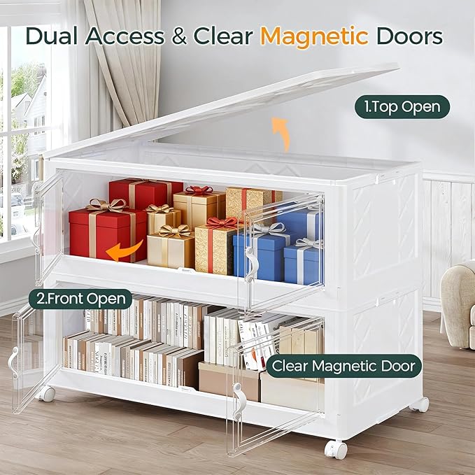 660QT Extra Large Stackable Storage Bins with Lid, 165Gal Collapsible Storage Box with Wheels and Doors, Plastic Closet Organizers and Storage Cabinet for Home Kitchen Office Dorm, 3Pack White