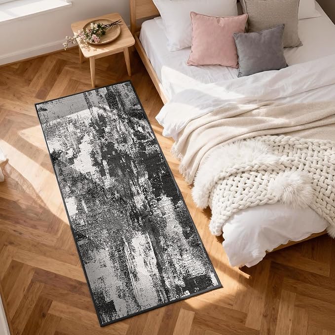 3x8 Hallway Washable Runner Rug: Extra Long Kitchen Runner Non Slip Abstract Rugs Printed Faux Wool Low Pile Soft Indoor Floor Carpet for Bedroon Dining Living Room Bathroom Black White 3x8