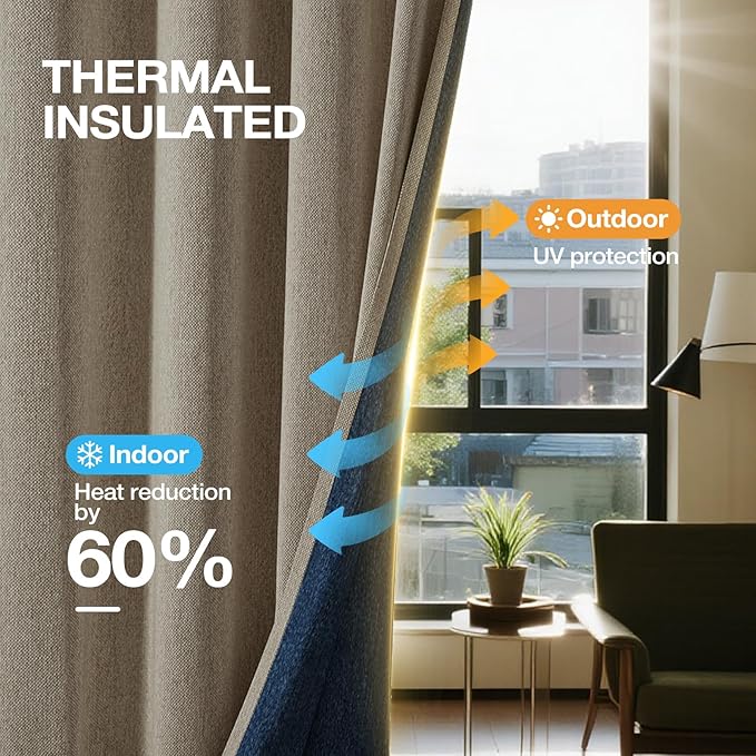 100% Blackout Curtains 108 inch Length 2 Panels for Living Room, Linen-Look Textured Room Darkening Thermal Insulated Noise Reduction Farmhouse Drapes for Bedroom (W52xL108, Taupe)