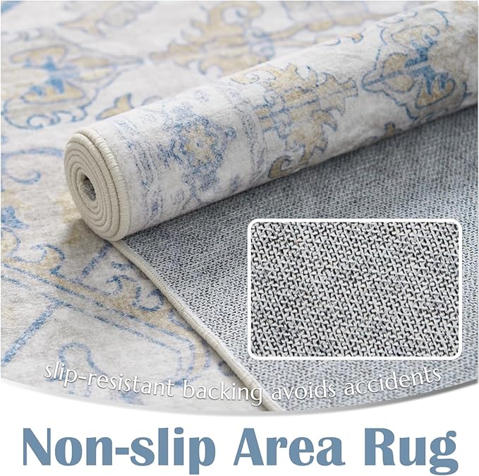 jinchan 5x7 Area Rugs Machine Washable Vintage Floral Throw Rug for Living Room Soft Ultra-Thin Low Pile Non-Slip Carpet for Kitchen, Bedroom, Dining Room, Nursery (5x7ft, Blue)