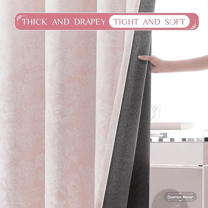 Beauoop Pink Floral Jacquard Blackout Curtains 90 Inches Long 2 Panels for Bedroom Living Room Chenille Flower Room Darkening Thermal Insulated Soundproof Grommet Window Treatments Drapes, 52x90