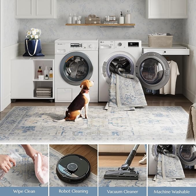 jinchan 4x6 Machine Washable Area Rugs Ultra-Thin Soft Throw Rug Low Pile Non-Slip Stain Resistant Distressed Vintage Floral Carpet for Bedroom, Living Room, Dining Room, Kitchen, Nursery(4x6ft, Blue)