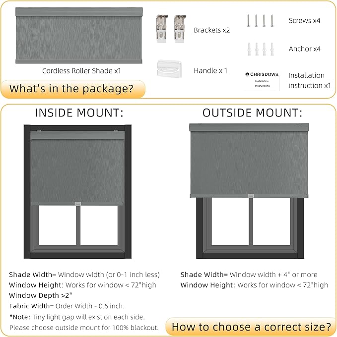 ChrisDowa Cordless Blackout Roller Shades for Windows, Striped Free-Stop Window Blinds with Privacy, Thermal Insulated Window Shades for Home, Office and Door. Grey, 20" W x 72" H