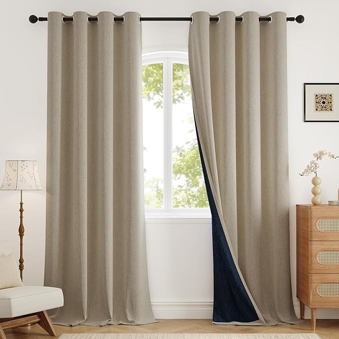 Blackout Curtains 96 inch Length 2 Panels for Living Room, Linen-Look Textured Room Darkening Thermal Insulated Noise Reduction Farmhouse Drapes for Bedroom (W52xL96, Natural)