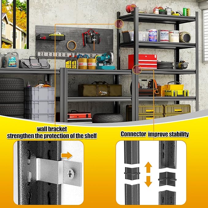 Storage Shelves, Garage Metal Shelving Unit, Adjustable, Double-Layer Column with Reinforced Ribs, Heavy-Duty, Capable of Bearing 600-3600 lbs (Black, 82 * 39 * 18, 6-Tier)